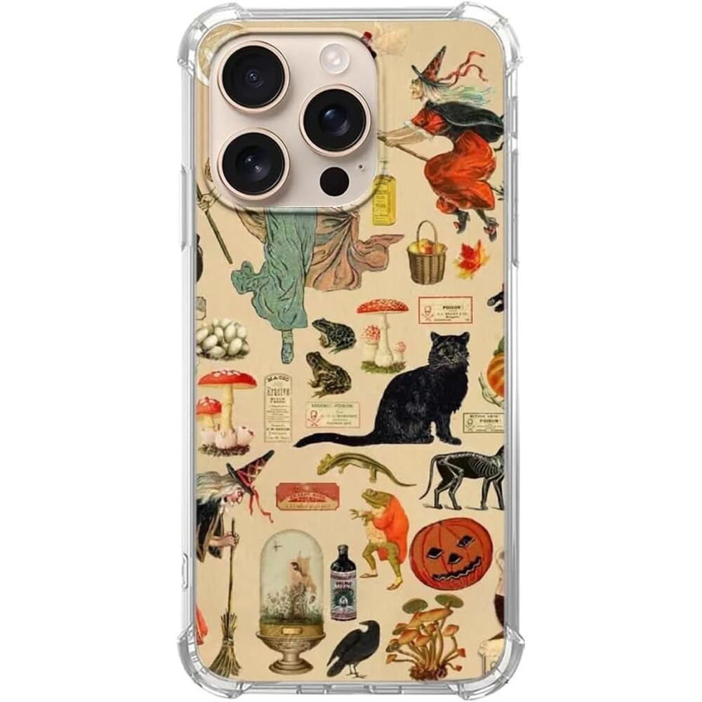 Vintage Beige Witch Pumpkin Cat Halloween Phone Case Compatible w/ iPhone 16 Pro